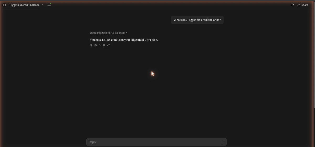 Claude answering a credit balance question through the Higgsfield MCP connector