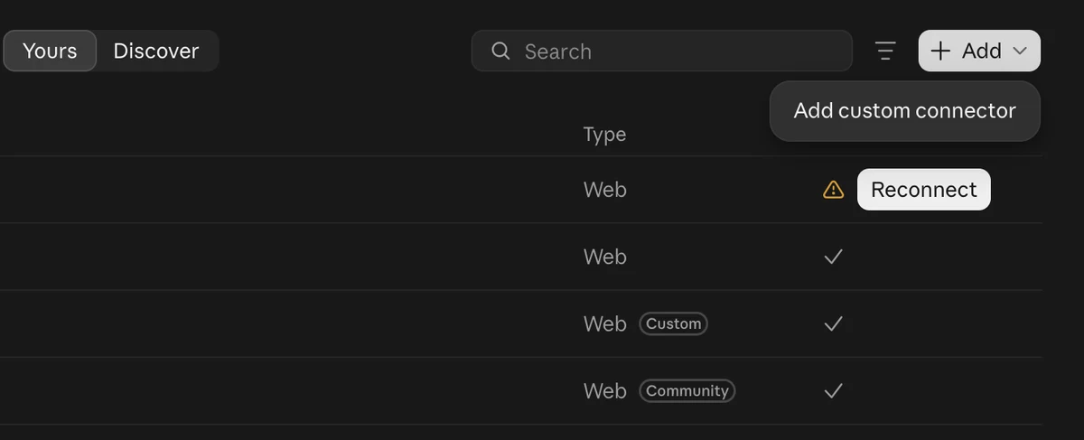 Claude's Connectors page with the Add menu open showing Add custom connector for Higgsfield