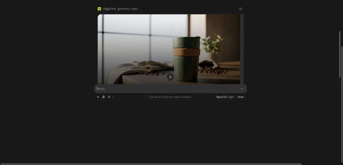 Finished Kling 3.0 clip inside a Claude chat generated through Higgsfield MCP