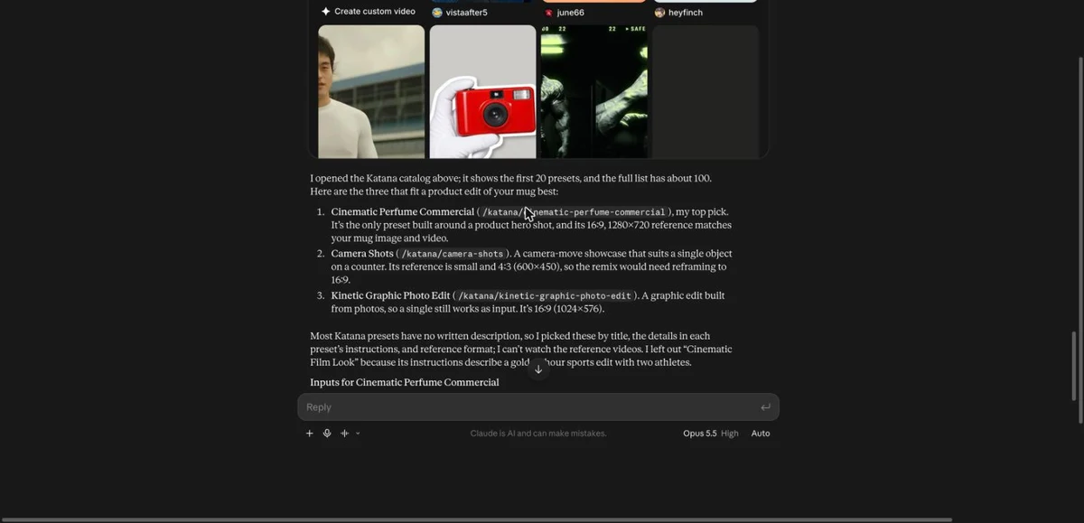Claude showing the Higgsfield Katana preset catalog after typing /katana
