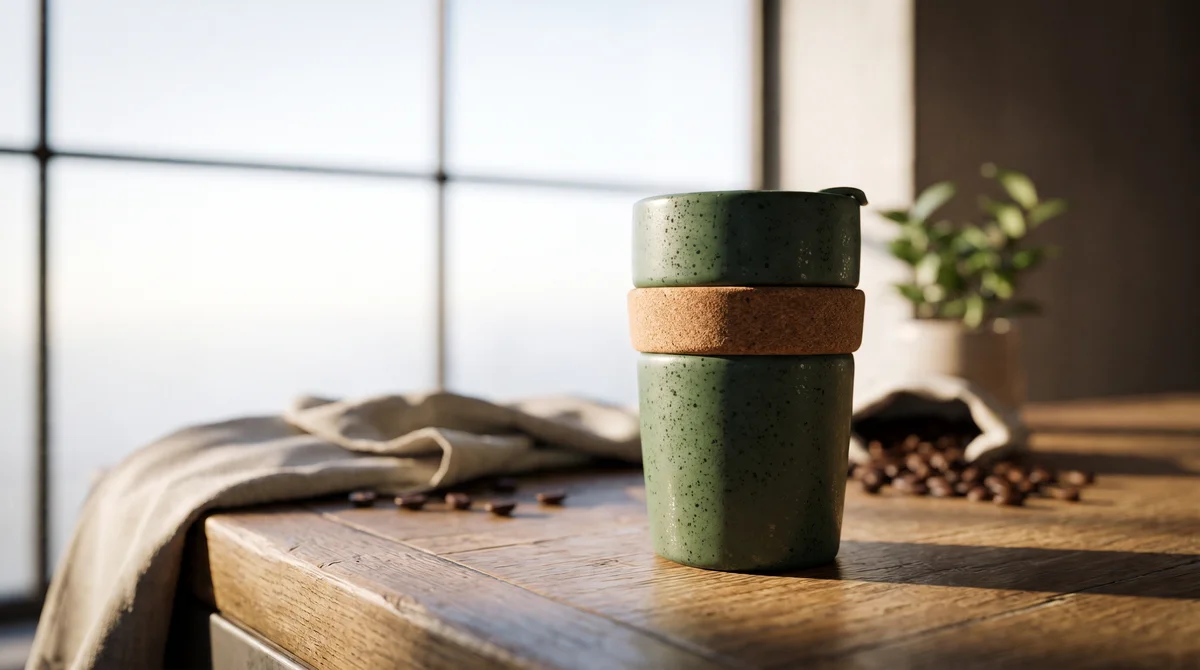 Green ceramic travel mug on a cafe counter, made through Higgsfield MCP