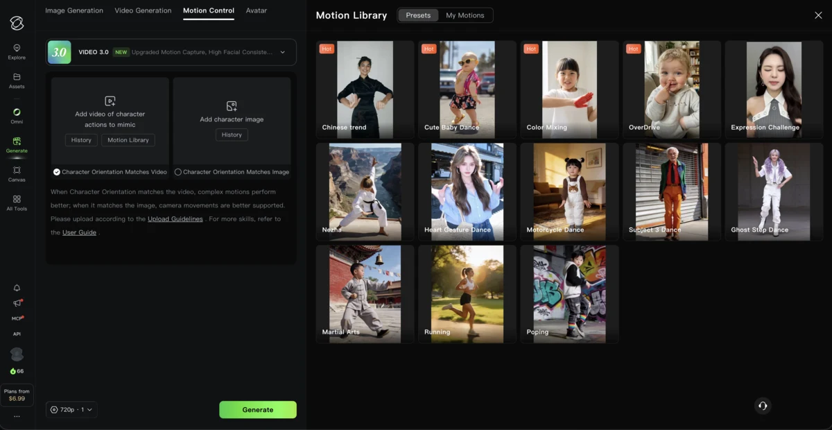 Motion Library de Kling AI con movimientos predefinidos como bailes, carreras y artes marciales