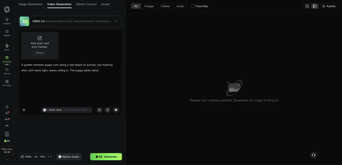 Pestaña Generate de Kling AI con VIDEO 3.0 seleccionado, un prompt escrito y el botón Generate marcando 60 créditos