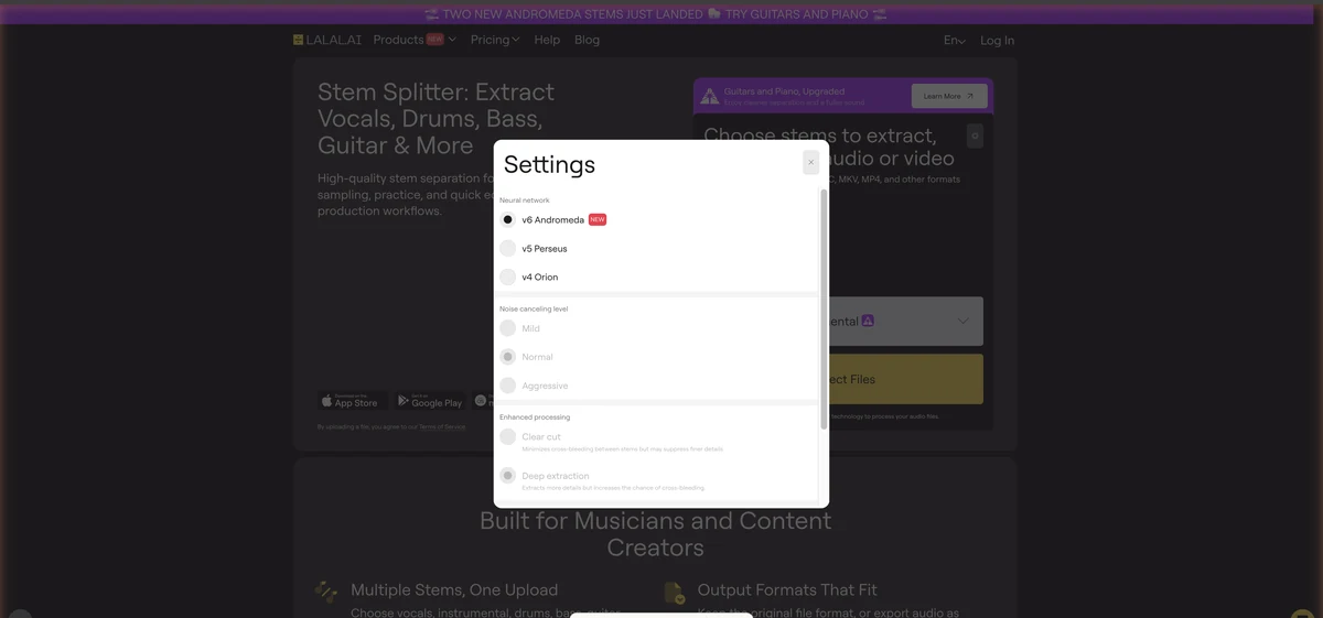 LALAL.AI Settings dialog listing the v6 Andromeda, v5 Perseus and v4 Orion networks with noise and processing options